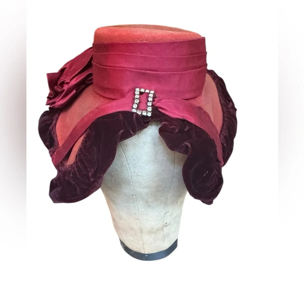 Late 19th/Early 20th Victorian/Edwardian Eras Wide Brim Velvet Trim Prominent Ri - Picture 6 of 11